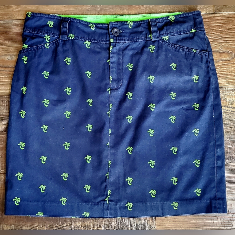 Lilly Pulitzer Navy Blue Green Palm Tree Short Skirt Size 8 (100% Cotton)